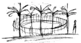 Croquis con palmeras y estructura elíptica.