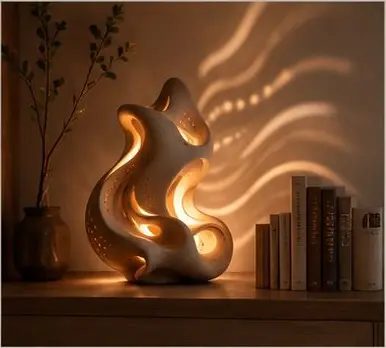 Render 3: Atmósfera sobre un mueble, con ondas de luz proyectadas en la pared.