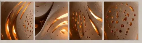 Render 4: cuatro acercamientos a las perforaciones y aberturas encendidas.