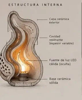 Corte dibujado de Atmósfera: capa cerámica exterior, cavidad resonante de espesor variable, fuente de luz LED cálida oculta y base cerámica sólida.