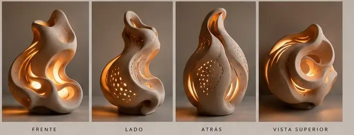 Render 2: cuatro vistas de Atmósfera encendida — frente, lado, atrás y vista superior.