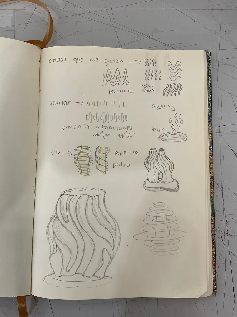 Página de cuaderno con ondas que nos gustan, patrones de sonido, agua, luz y primeras formas de lámpara.