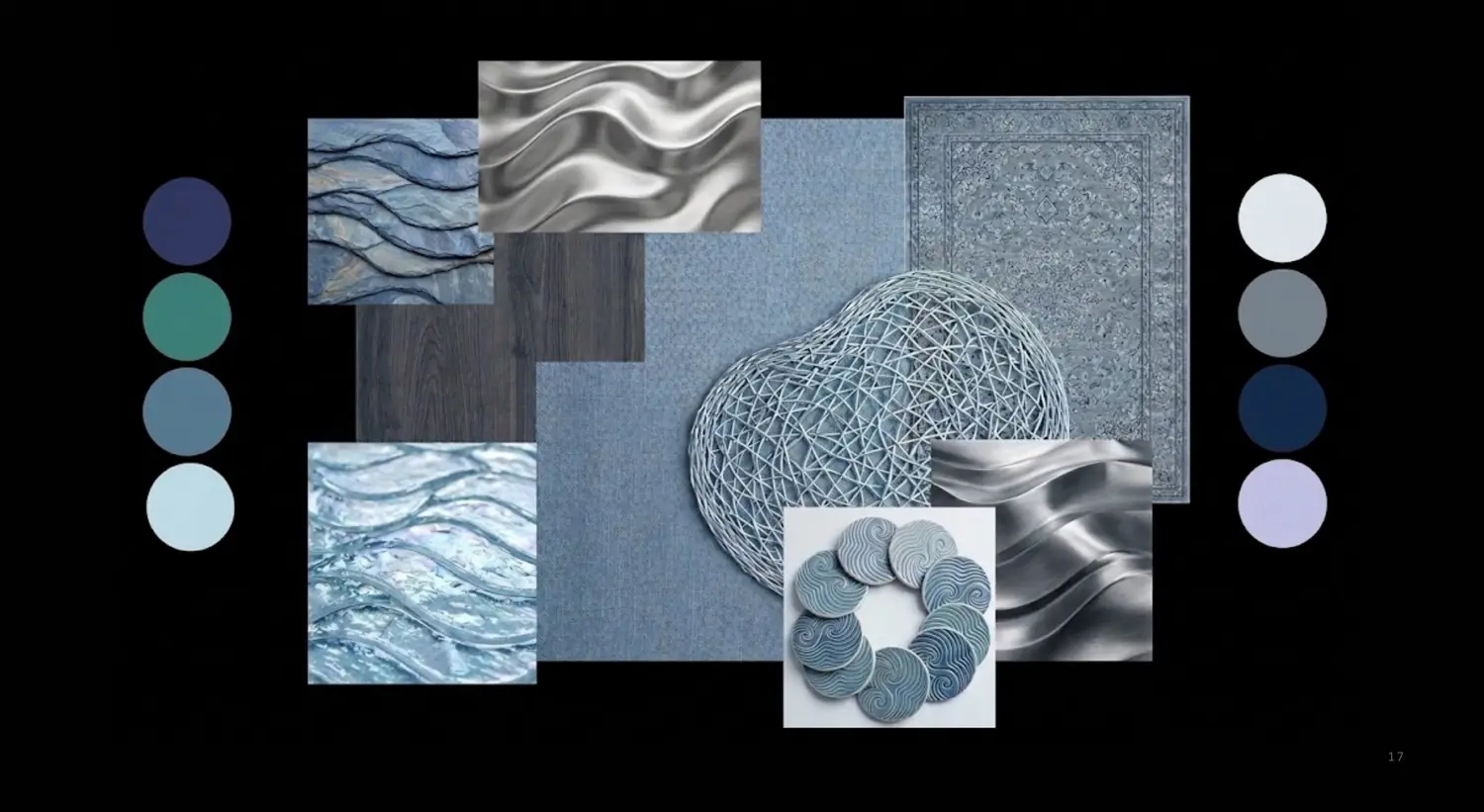 Moodboard final: piedra estratificada, metal ondulado, textil azul, cerámica con ondas y paleta de azules, plata y lila.
