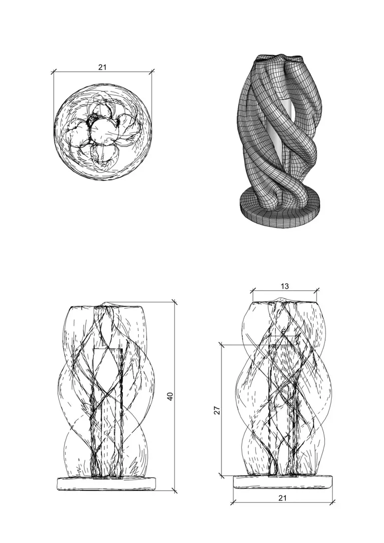 Planos de la trenza con cotas de 21, 40, 27 y 13 cm.